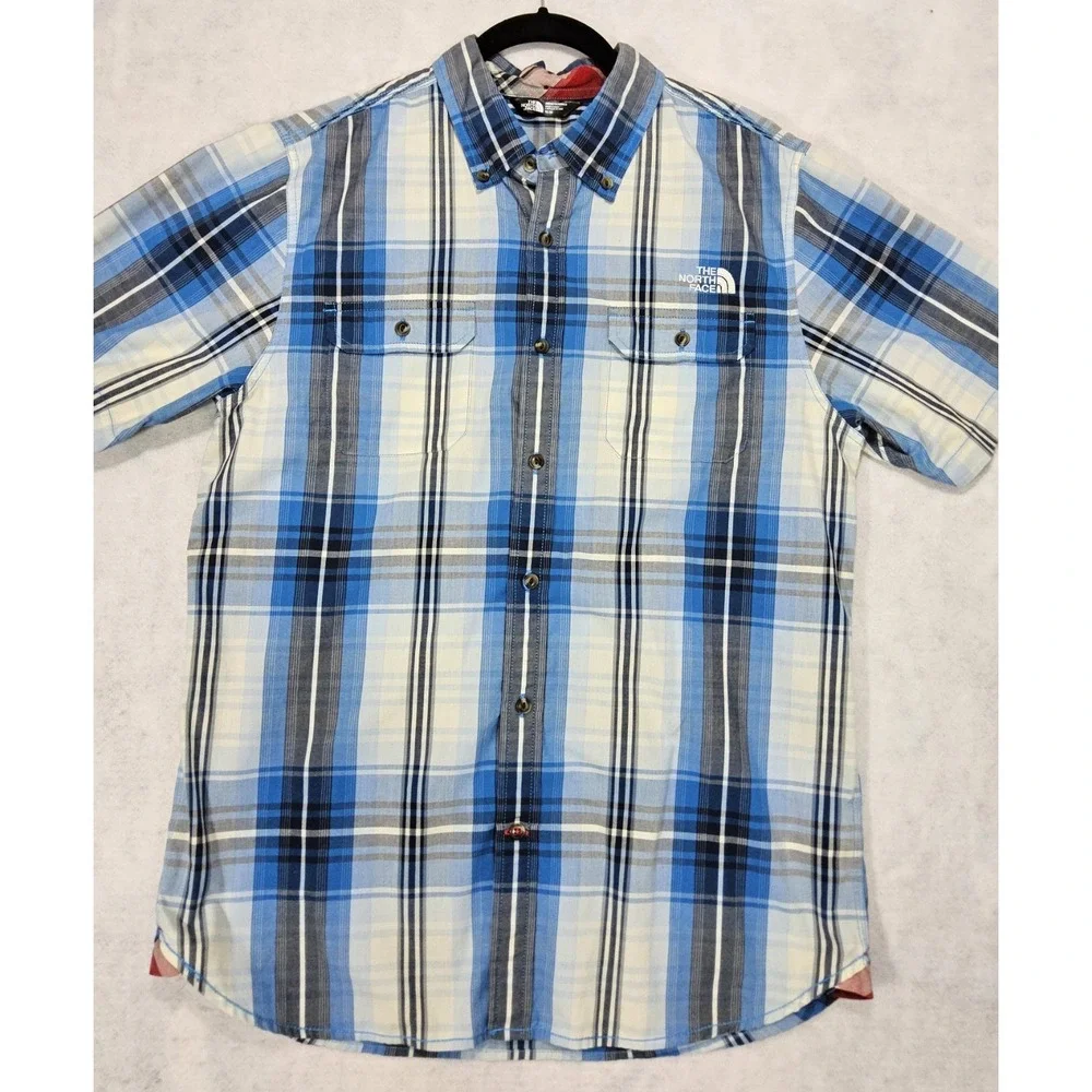 North Face Shirt Mens M Short‎ Sleeve Delridge Plaid Blue Button Up White Pocket